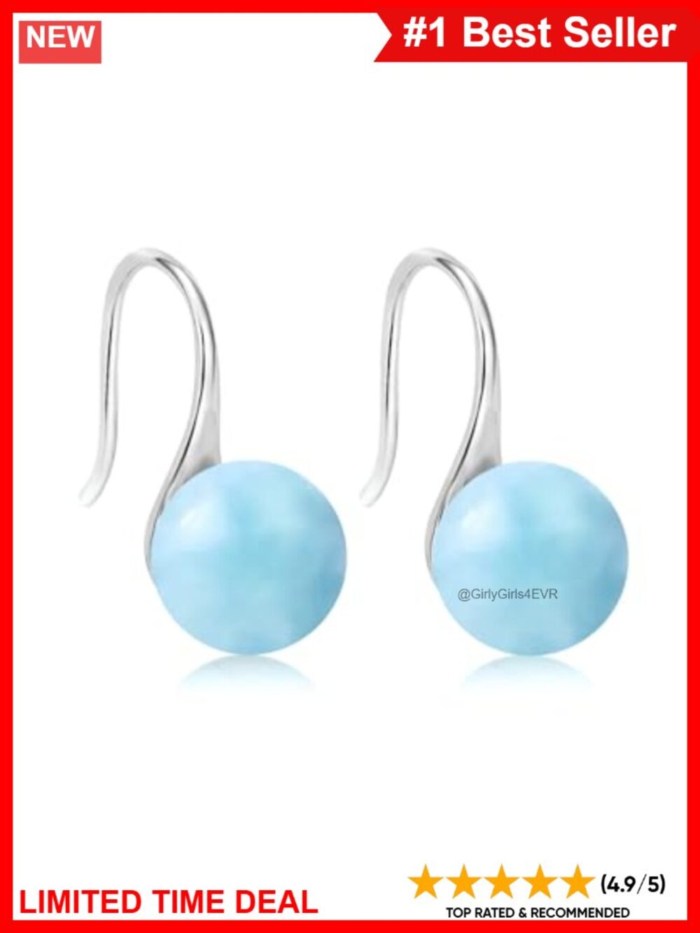 Larimar Drop Earrings 925 Sterling Silver White Gold Plated Fish Hook Dangle